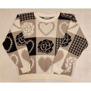 Vintage 90s Sweater Womens M Hearts Patchwork Grannycore Grandma Chic Knit USA